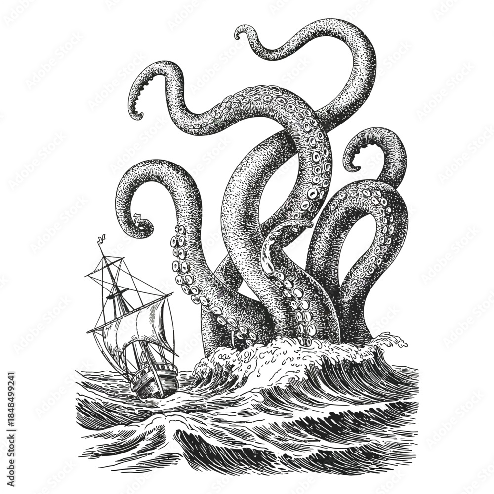 Obraz premium Legendary Kraken Sea Monster Attacking Ship Vintage Nautical Illustration