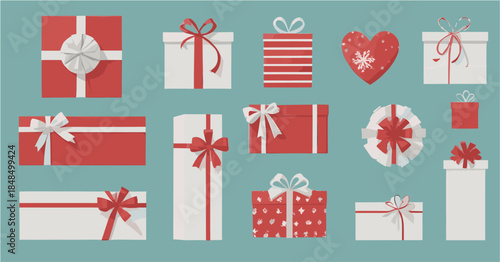 Modern flat vector set of various red and white gift boxes with ribbons. Top view collection of presents for holidays and celebrations on teal background