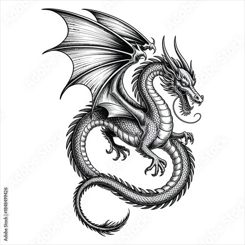 Mythological Dragon Illustration Vintage Engraved Style for Fantasy and Tattoo Design Vector