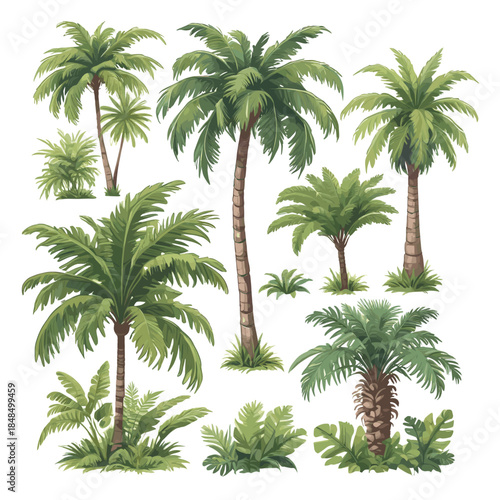 Collection of modern flat-style tropical nature assets featuring various palm trees, coconut palms, ferns, and lush green foliage, isolated on a white background