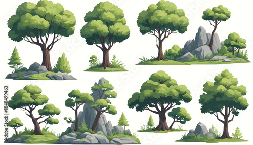 Collection of modern flat-style nature assets featuring various green trees, pine trees, and gray rock formations on small grassy patches, isolated on a white background