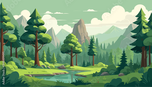 Modern flat-style vector landscape illustration of a lush green forest featuring pine trees, a calm winding river, and majestic mountains under a soft cloudy sky