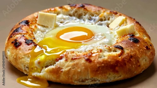 Golden Egg Centered Flatbread with Melted Cheese Ring.