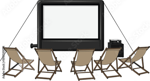 Outdoor cinema setup vector illustration, featuring movie projector, large screen, and folding deck chairs, perfect for summer entertainment, open-air theater, and backyard event graphic design.
