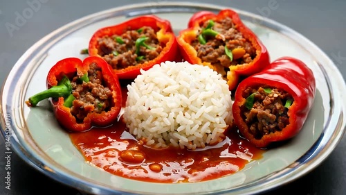 Colorful stuffed peppers with rice served in tomato sauce.