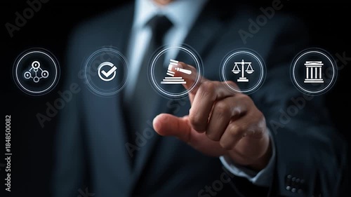 Businessman interacting with law and justice icons