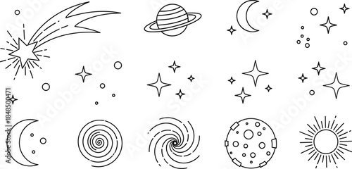 Space and astronomy line art icon set, featuring shooting star, Saturn, crescent moon, sun, planets, and stars, for cosmic, science, education, and galaxy graphic design.