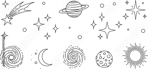 Minimalistic space line art vector icon set, featuring stars, planets, Saturn, moon, sun, comet, and abstract galaxies, perfect for science, astronomy, and cosmic design.