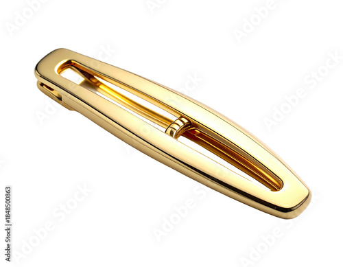 Shiny golden hair accessory, rectangular shape, clasp detail, close-up shot