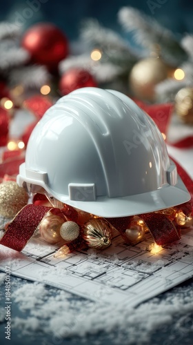 White safety hard hat placed on top of a building plan, surrounded by festive Christmas ornaments, red ribbons, and artificial snow, symbolizing holiday spirit at a construction site or office.