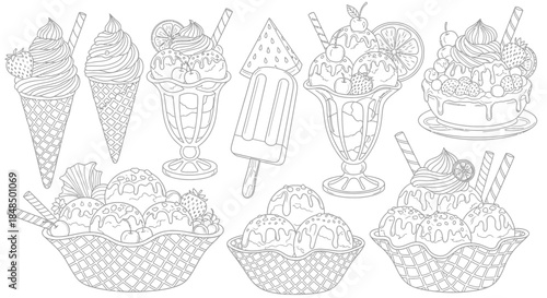"Ice Cream and Popsicle Coloring Page Vector Pattern"