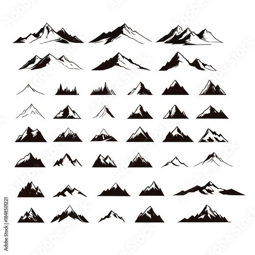 Set of various comic-style black and white mountain silhouettes featuring jagged peaks, rocky ranges, and snowy summits, isolated on a white background for logo design and outdoor branding