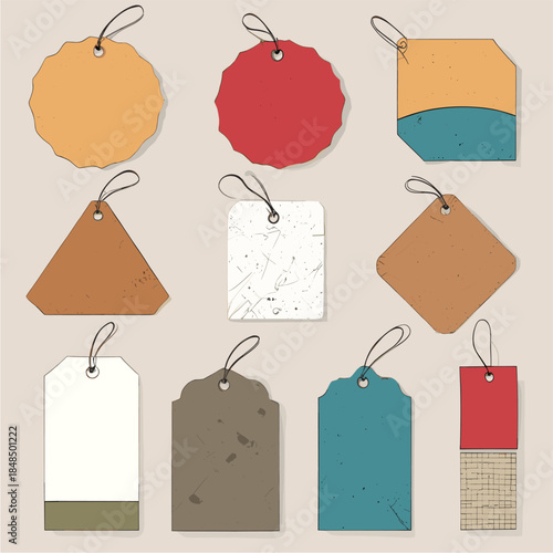 Set of various comic-style vintage price tags and sale labels featuring different shapes like circles, triangles, and rectangles with grunge paper textures and hanging strings