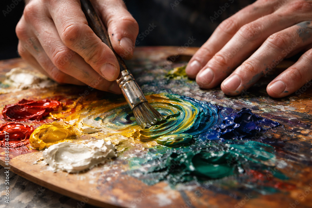 Fototapeta premium Artist hands mixing vibrant colors on a palette, creative painting process close up.