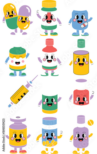 Retro cartoon medicine characters waving on black background cute pill bottle and syringe mascot icons for pharmacy healthcare marketing medical app design and pediatric wellness clinic branding