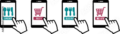 スマートフォンで注文・購入する操作のアイコンイラスト（Mobile Order and Purchase on Smartphone Icon）
