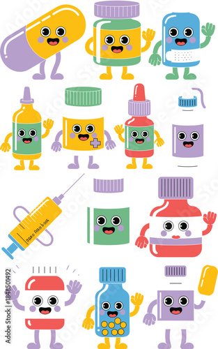 Cute pharmacy medicine characters with happy faces waving for pediatric healthcare education medical clinic branding pharmaceutical industry marketing colorful pill bottle syringe illustration