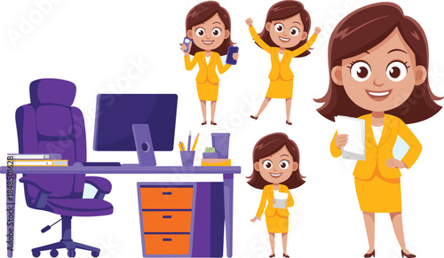 Business woman character set in yellow suit working at office desk with computer monitor and professional furniture cartoon female entrepreneur vector illustration for corporate presentation design