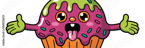 Cute cartoon cupcake character with pink frosting and green icing spreading arms for a hug playful monster dessert illustration for bakery branding party invitations and sweet shop marketing design