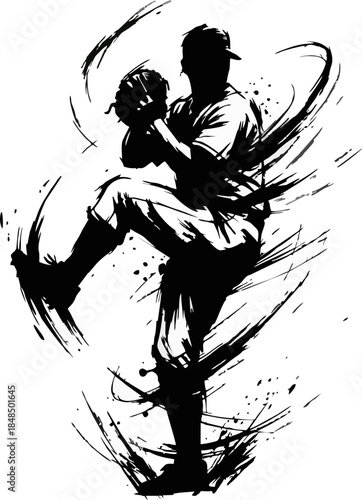Baseball Pitcher Winding Up Ink Brush Silhouette. Japanese Sport Vector