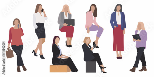 Diverse group of women in modern attire engaged in various activities