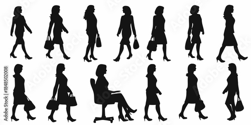 Silhouettes of fashionable women in various poses and outfits displayed graphically