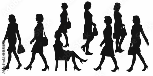 Silhouettes of women walking and seated showcasing diverse postures and styles