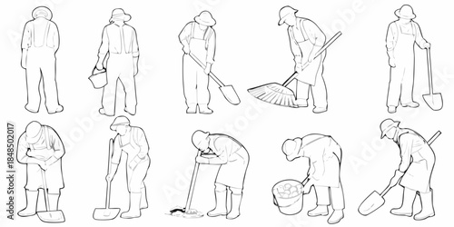 Line art depicting various worker poses with tools showing manual labor scenes