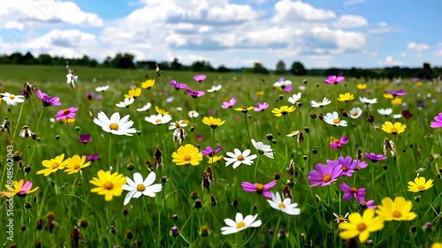 Vibrant Wildflower Field in Bright Sunny Meadow.