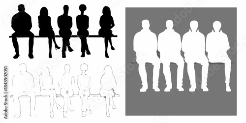 Silhouettes of people seated in a row both in black and white
