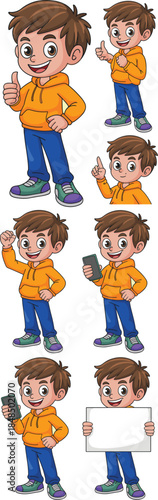 Cartoon boy character set with multiple poses and expressions showing thumbs up holding smartphone and blank sign for education marketing and school advertising mascot design vector illustration