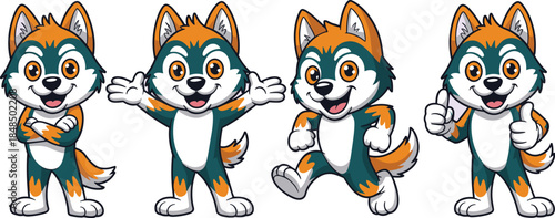 Cute husky dog cartoon character set with various poses including thumbs up and waving for pet brand mascot design and animal education material for kids school projects and nursery decoration