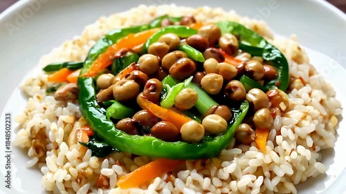 Colorful rice bowl with chickpeas and vegetables close up video.