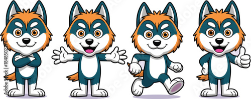 Cute siberian husky mascot character set in different poses and expressions including running giving thumbs up and smiling for brand identity and pet care business marketing graphic resources