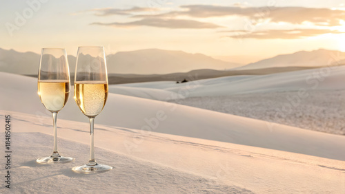 Fototapeta Naklejka Na Ścianę i Meble -  Two white grape spritzer on white sand dunes at sunset