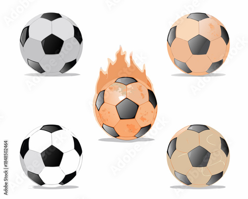 A collection of soccer balls including one on fire against a white background
