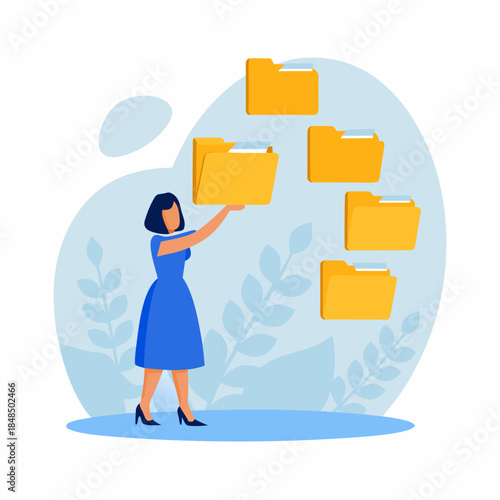 Woman managing multiple digital files and folders in a modern workspace