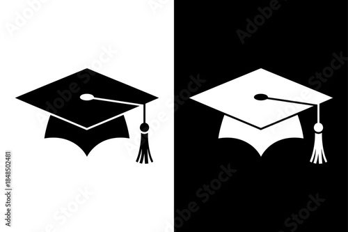Academic Cap Silhouette. Graduation Student Icon in Black and White Style