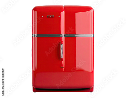 Front view of a vibrant red, retro-styled refrigerator against black