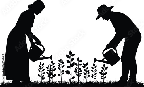 Farmers watering crops silhouettes, man and woman gardening together, plant growth care concept, agriculture lifestyle illustration, rural farming activity, black human figures vector