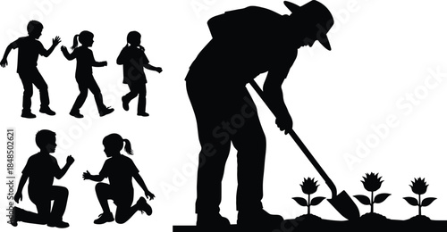Farmer teaching children gardening silhouette illustration, agriculture education concept, kids learning planting outdoors, rural lifestyle scene, nature and farming vector artwork