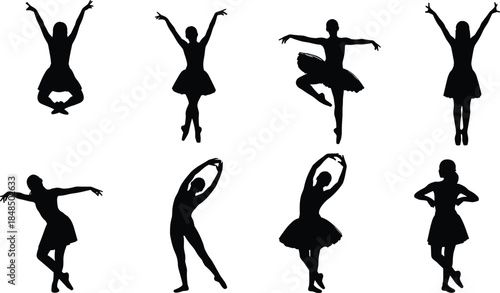 Female ballet dancer silhouette vector set, elegant women performing various classic dance poses, graceful lady in tutu icons, performance and studio graphics, isolated.