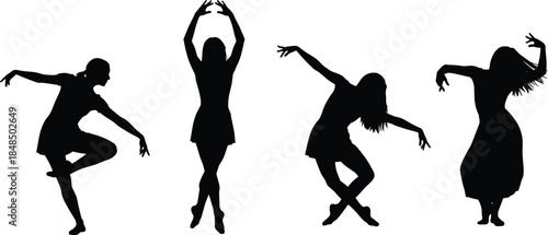 Female dance silhouette illustration, graceful women modern ballet and contemporary dance poses, artistic movement vector collection isolated on white background