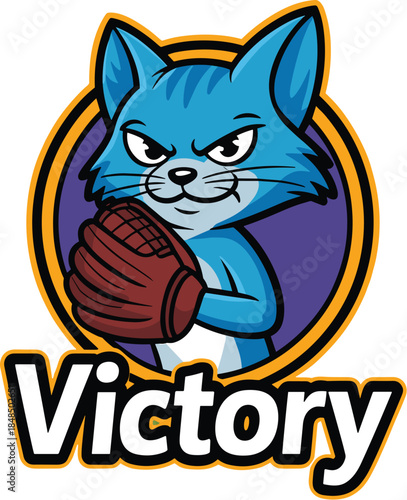 Blue cat baseball mascot logo wearing leather catcher glove for sports team branding competitive spirit victory concept graphic illustration for gaming esports apparel and athletic tournament