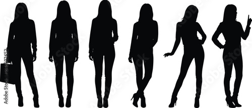 Fashionable woman silhouette collection, elegant female standing poses illustration, modern ladies figures set, stylish black vector people isolated on white