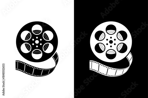 Film Reel Icon Vector. Vintage Black Movie Reels with Film Strip in Black and White