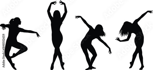 Female dance silhouette vector illustration, expressive women contemporary ballet poses, graceful artistic movement collection isolated on white background for creative design use
