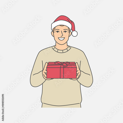 Cartoon illustration of a happy man wearing a Santa hat receiving a gift at Christmas celebration