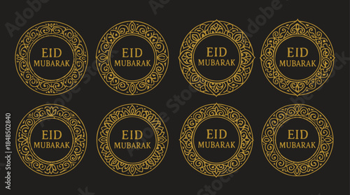 Premium Gold Eid Mubarak Ornamental Labels Set with Arabic Style Mandala Calligraphy Badges