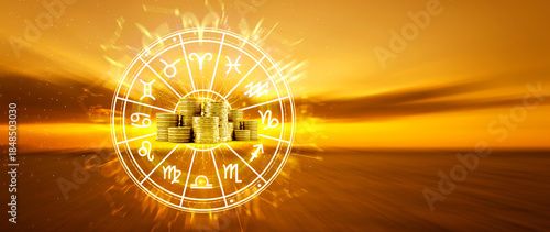 Obraz na plátně Horoscope with zodiac signs and money coins like astrology and money and astrology and wealth concept, Financial horoscope concept